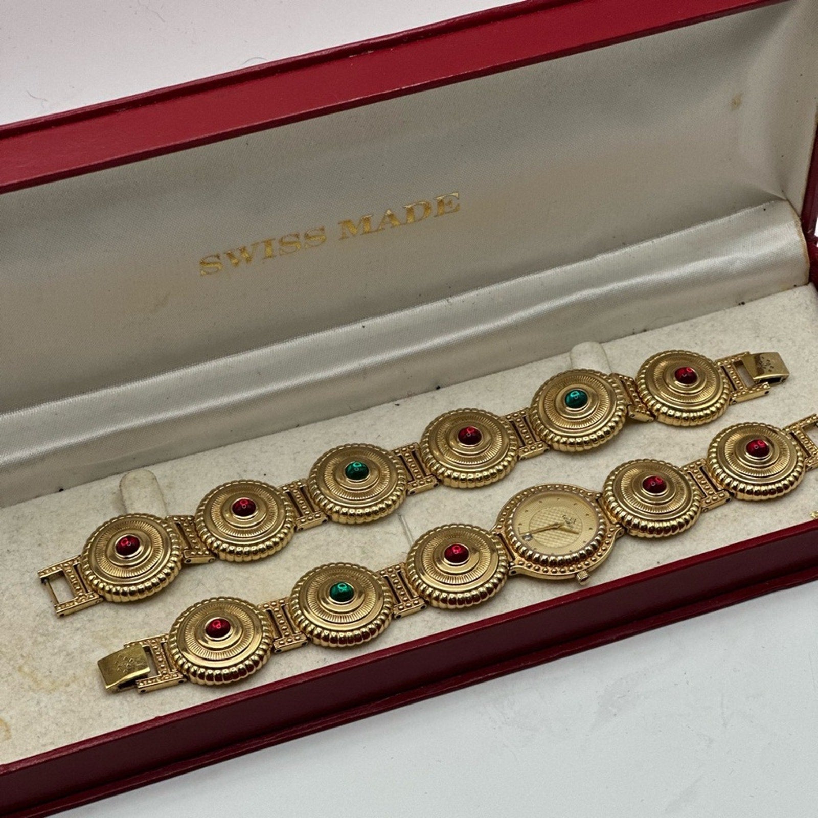 Vintage Girarducci 1960s gold plated jewel double bracelet watch stack sapphire