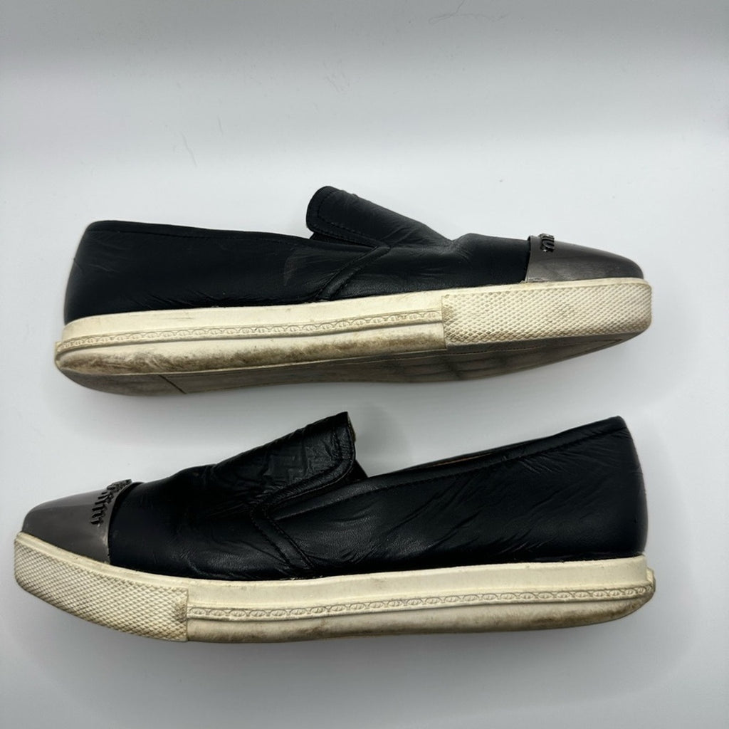 Miu Miu Womens Skate Shoes Black Leather Slip On Metal Cap Toe Size 36 Flats