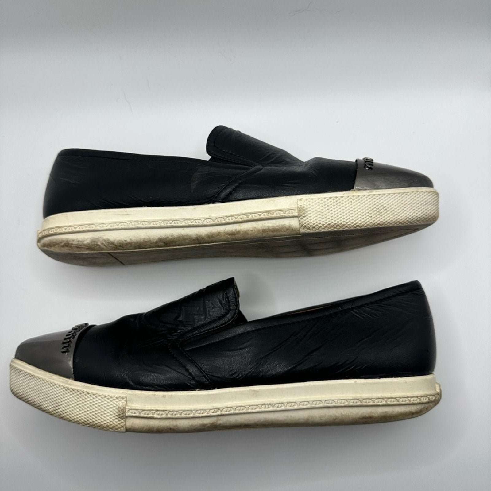 Miu Miu Womens Skate Shoes Black Leather Slip On Metal Cap Toe Size 36 Flats