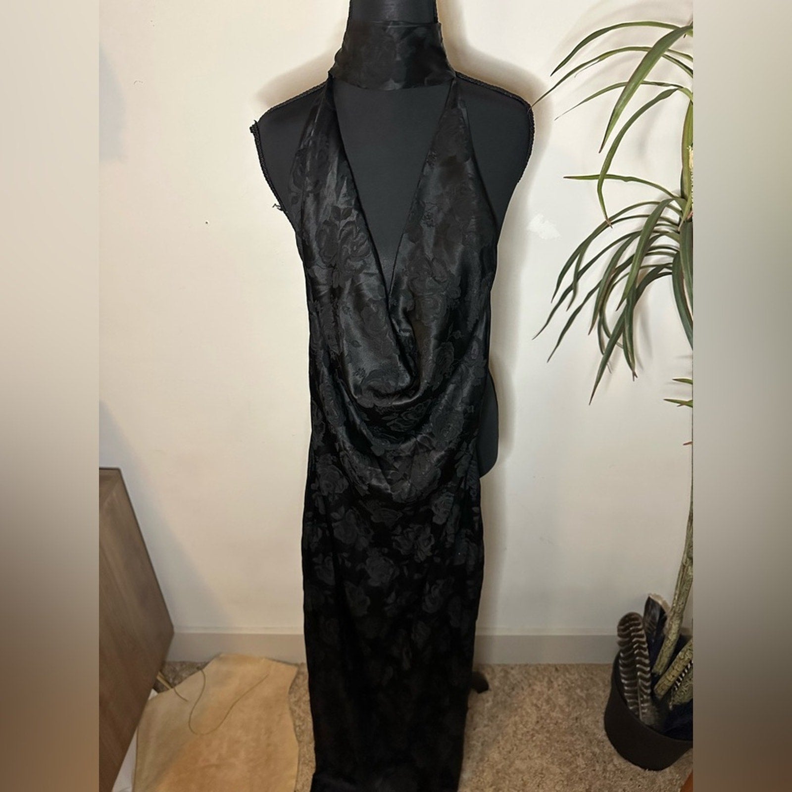 Ronny Kobo black floral Nola evening dress w/ plunging neckline & choker collar