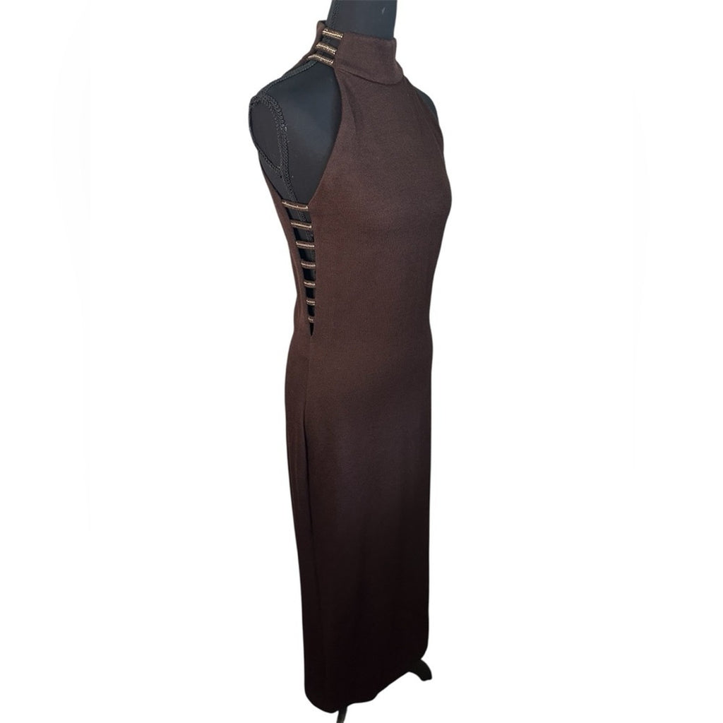 St. John Evening Knit mock neck gown rhinestone collar chocolate brown dress 4