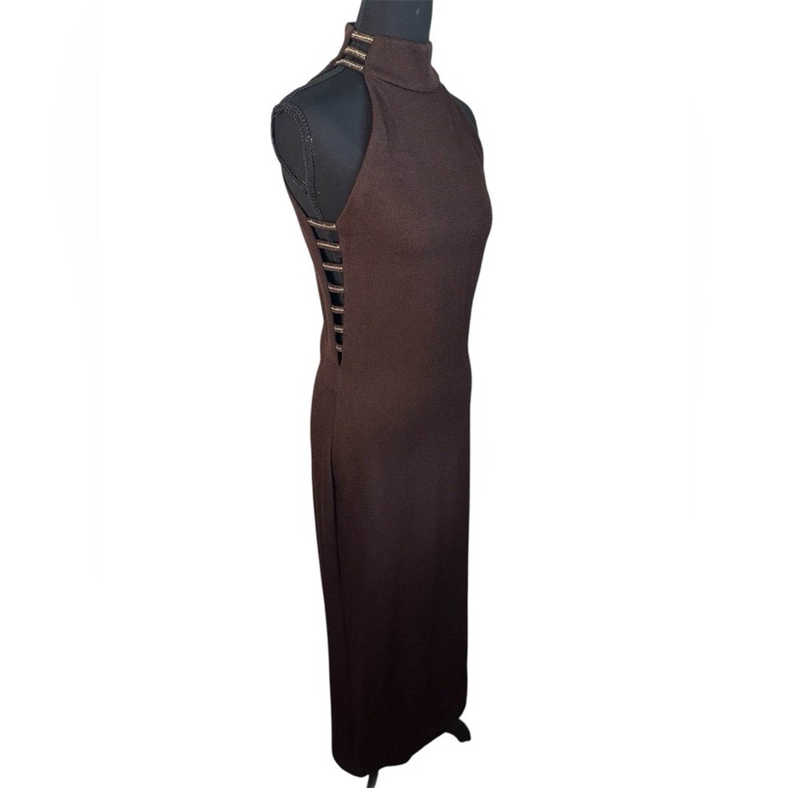 St. John Evening Knit mock neck gown rhinestone collar chocolate brown dress 4
